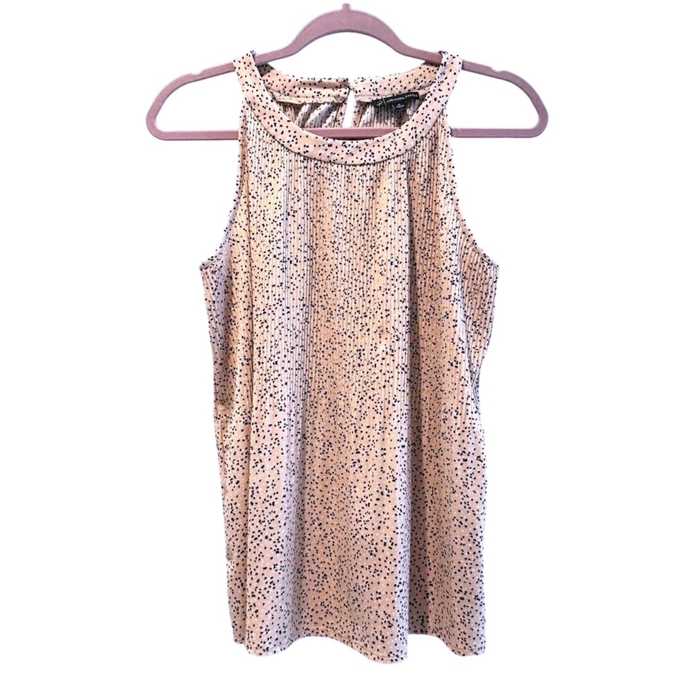 Adrianna Papell Blouse Tan Polka Dot Pleated Halter Neck Sleeveless Women Medium